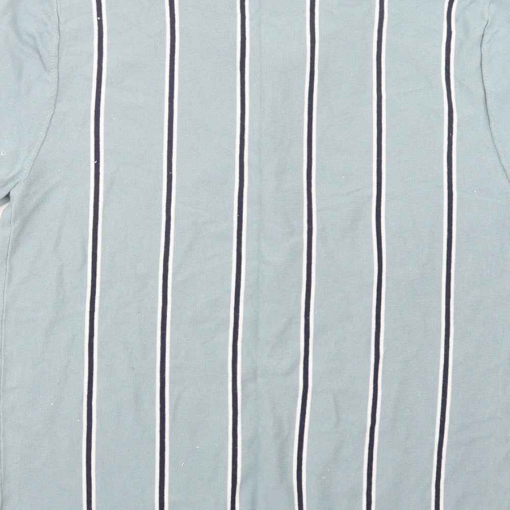 Marks and Spencer Mens Green Striped Cotton  Polo Size L Collared Button