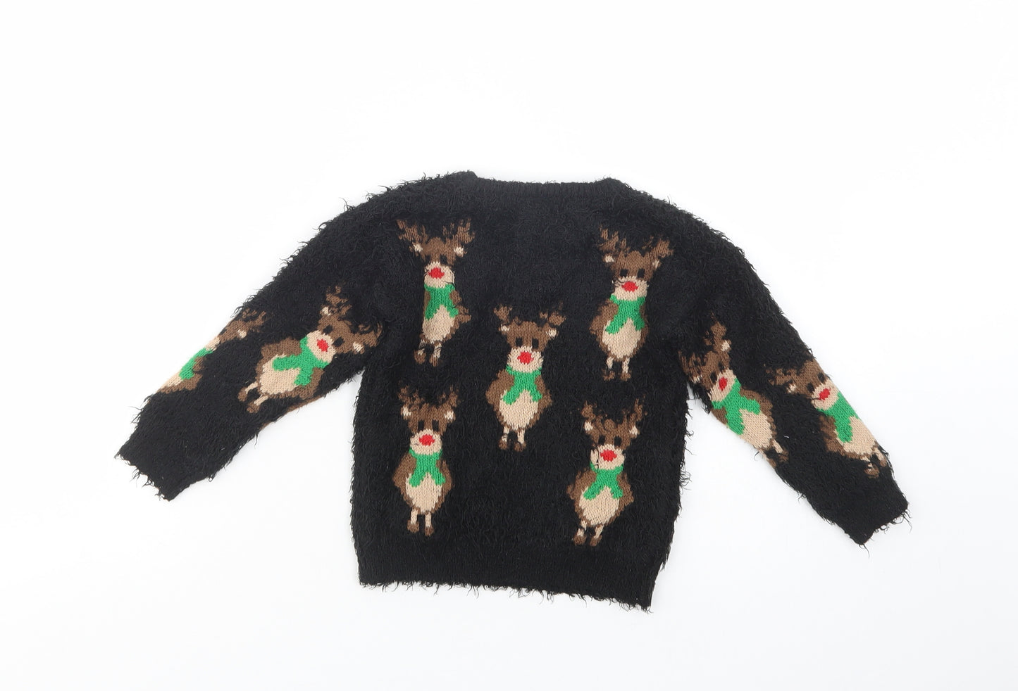 Nutmeg Girls Black Crew Neck Geometric Polyester Pullover Jumper Size 2-3 Years  Pullover - Rudolph Christmas