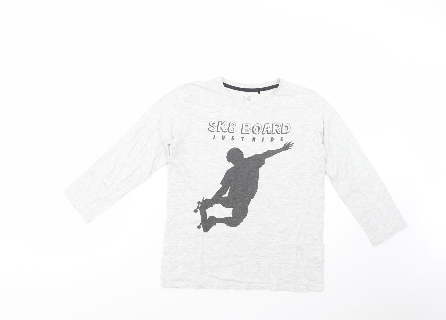 Cool  Boys Grey  Cotton Basic T-Shirt Size 10-11 Years Crew Neck Pullover - Sk8 Board