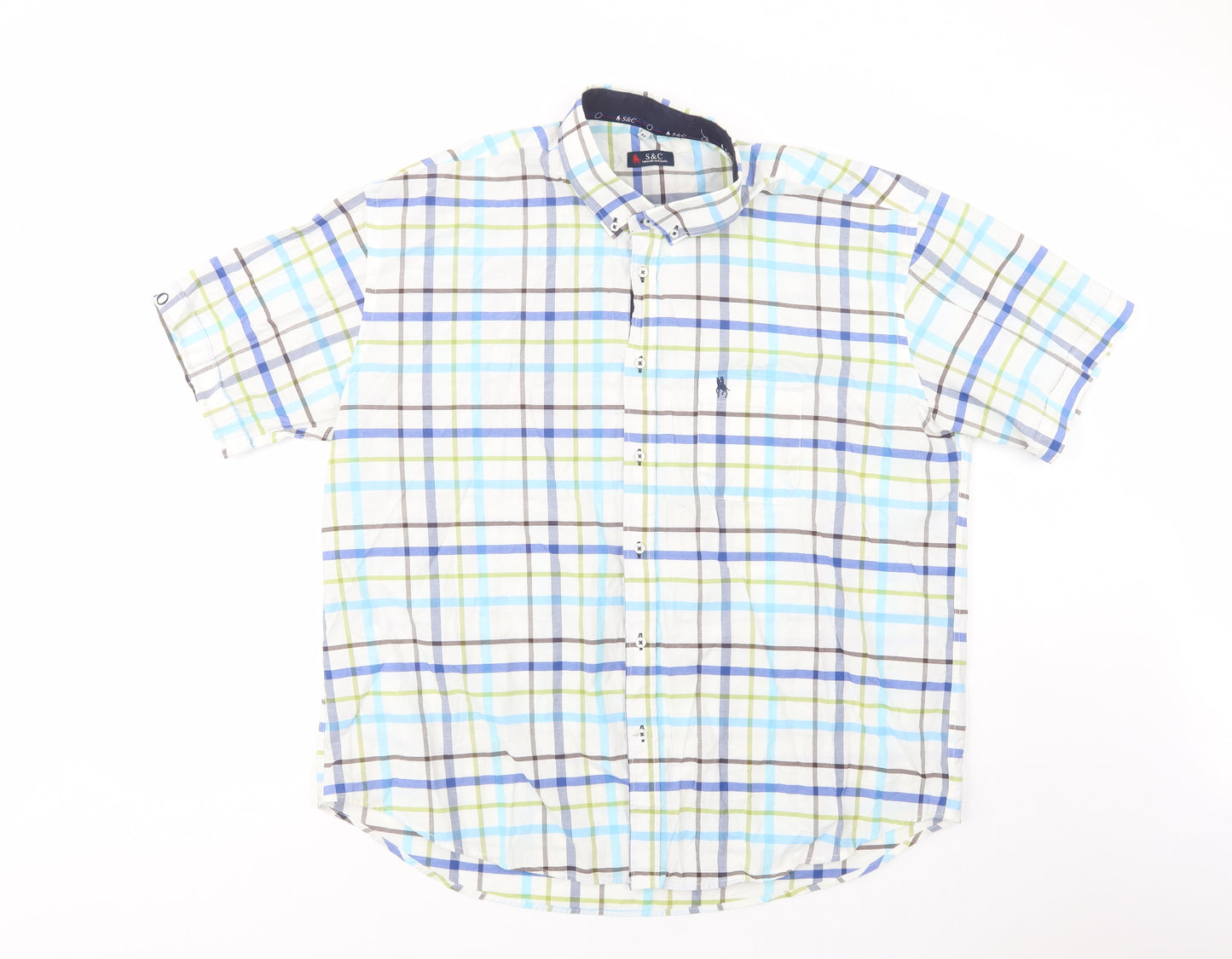 S&C Mens White Plaid Cotton  Button-Up Size 2XL Collared Button