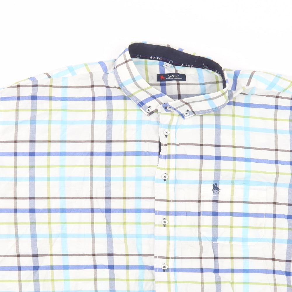S&C Mens White Plaid Cotton  Button-Up Size 2XL Collared Button