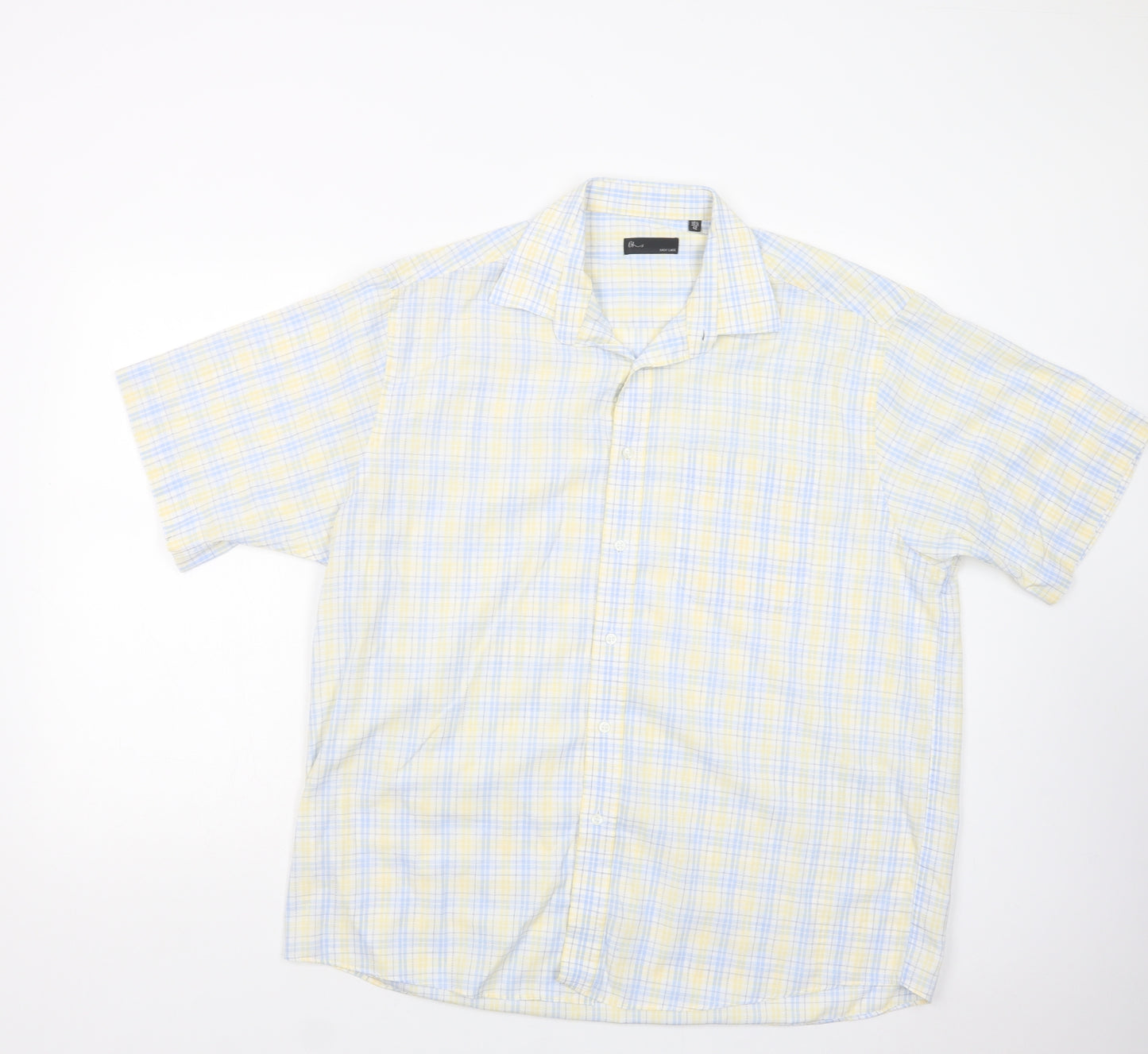 BHS Mens Yellow Plaid Polyester  Button-Up Size 16.5 Collared Button