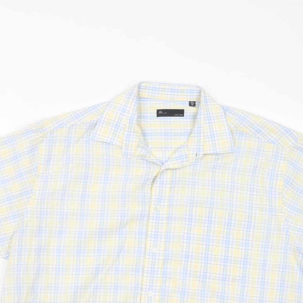 BHS Mens Yellow Plaid Polyester  Button-Up Size 16.5 Collared Button