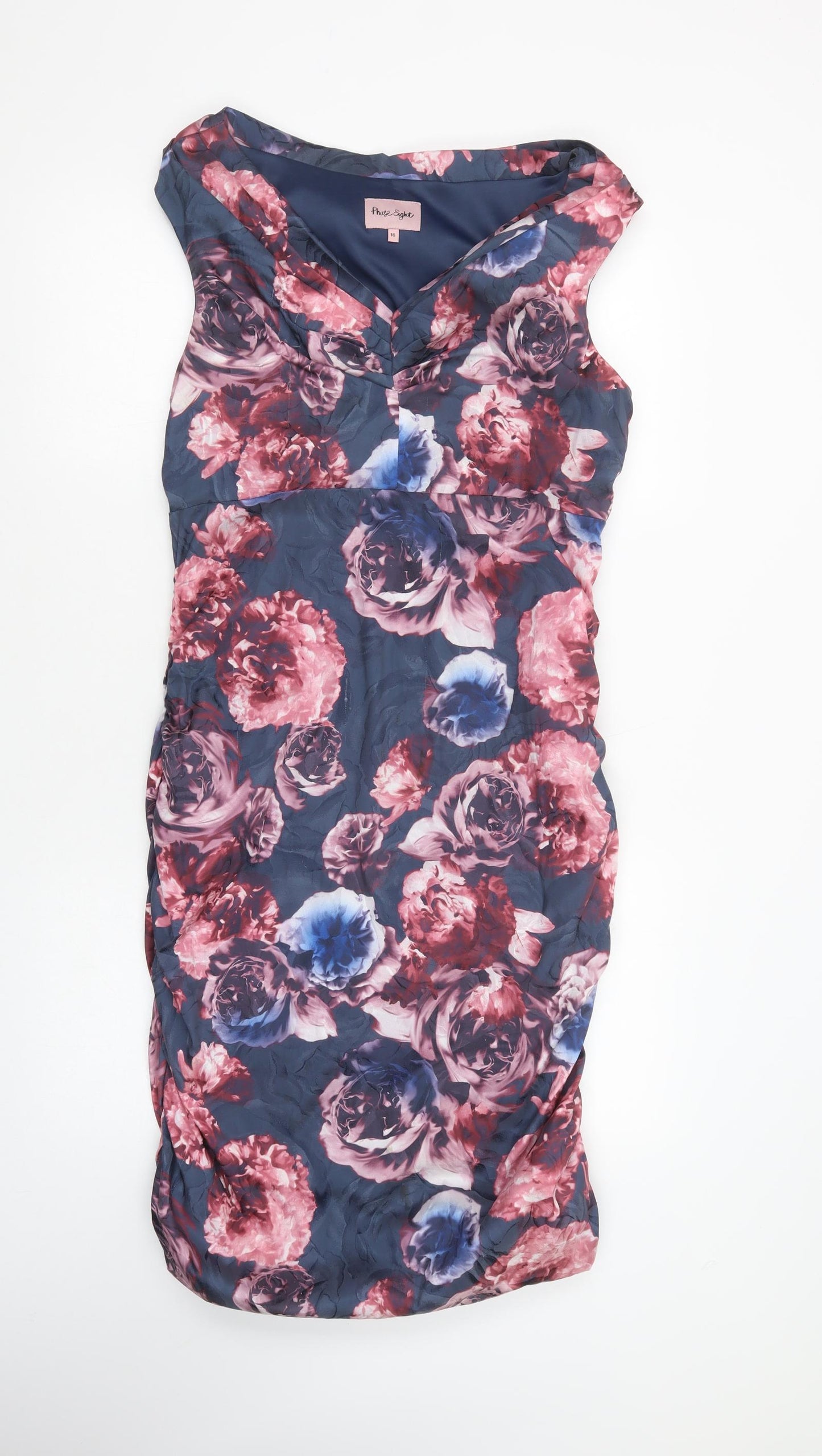 Phase Eight Womens Blue Floral Polyester Bodycon  Size 16  V-Neck Zip