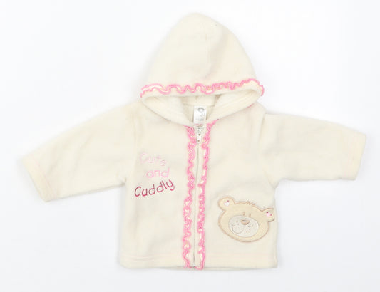 Front view of Preworn girls’ beige jacket size newborn zip - cute and cuddly