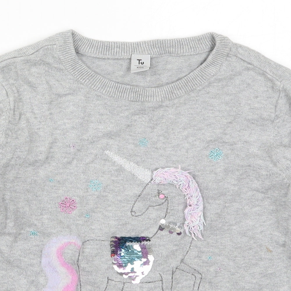 TU Girls Grey Crew Neck  Cotton Pullover Jumper Size 7 Years  Pullover - Unicorn