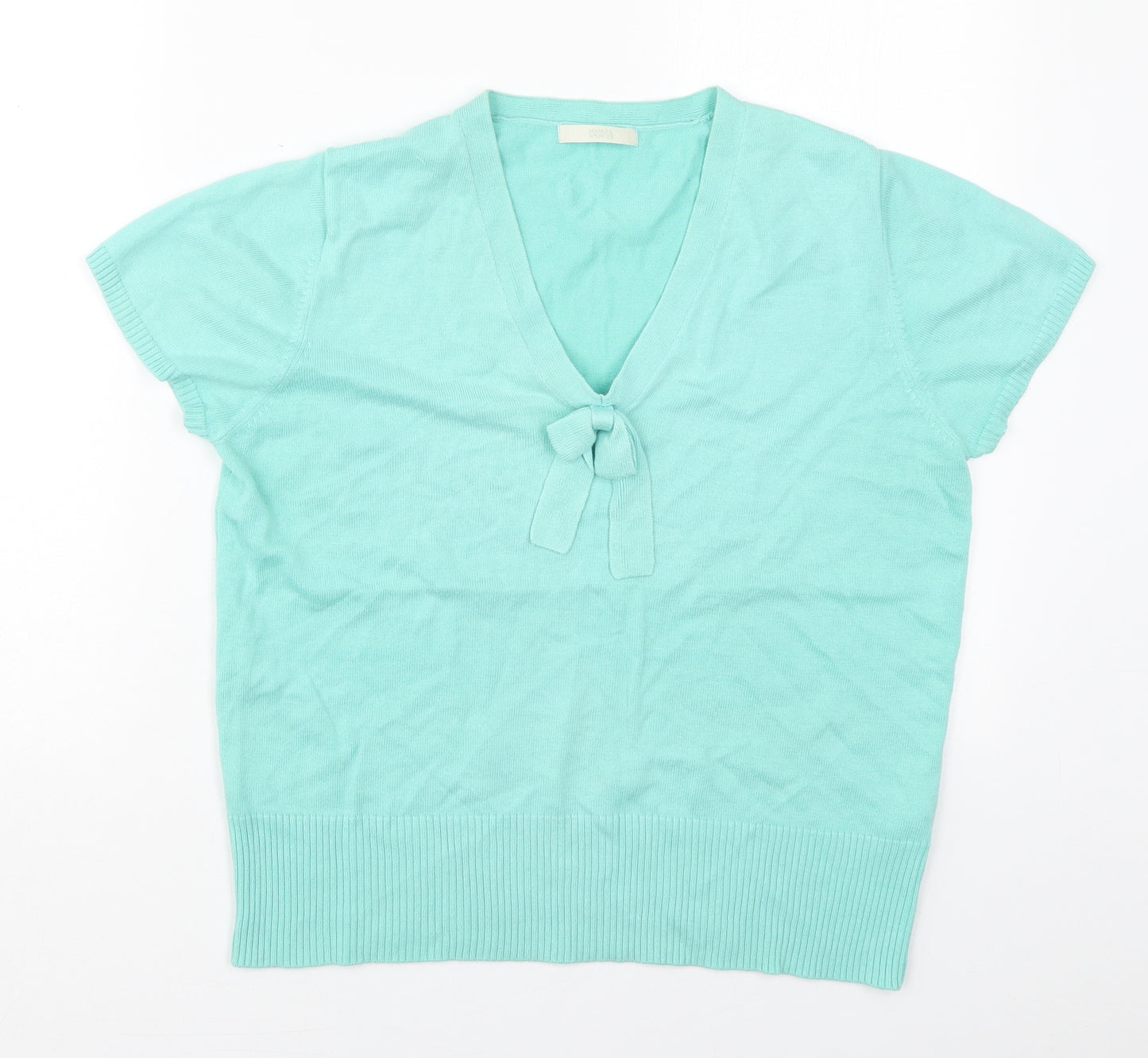 Marks and Spencer Womens Green V-Neck  Cotton Pullover Jumper Size 16   - Turquoise