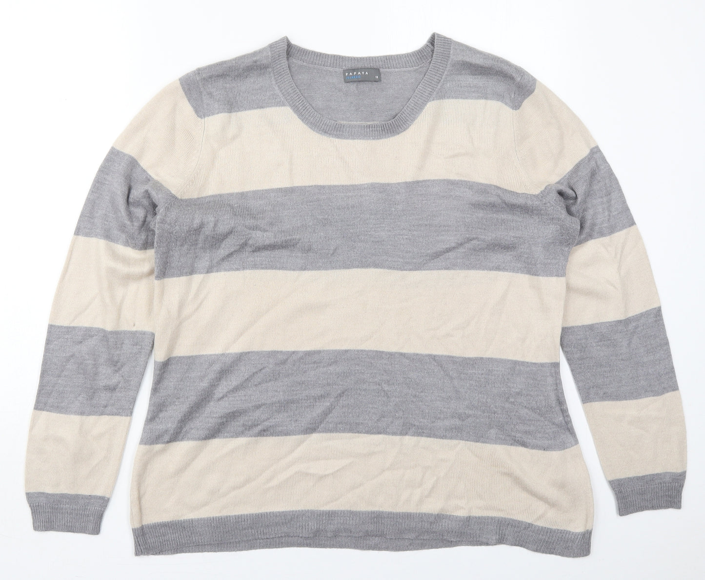 Papaya Womens Beige Crew Neck Striped Acrylic Pullover Jumper Size 18