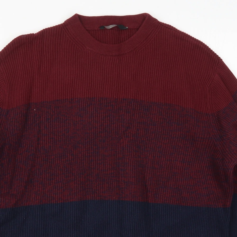 George Mens Red Crew Neck Striped Cotton Pullover Jumper Size XL