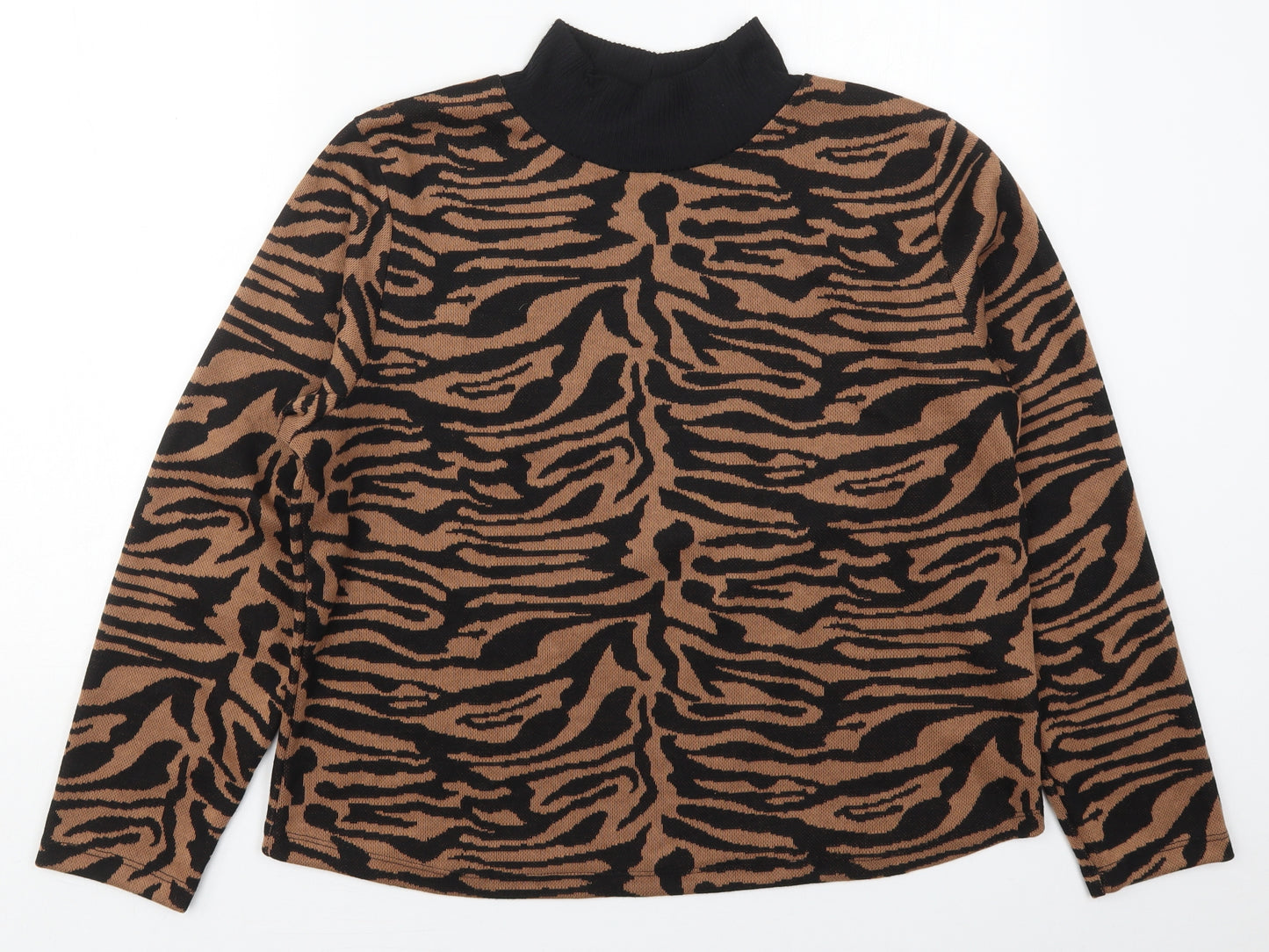 F&F Womens Brown Mock Neck Animal Print Polyester Pullover Jumper Size 22