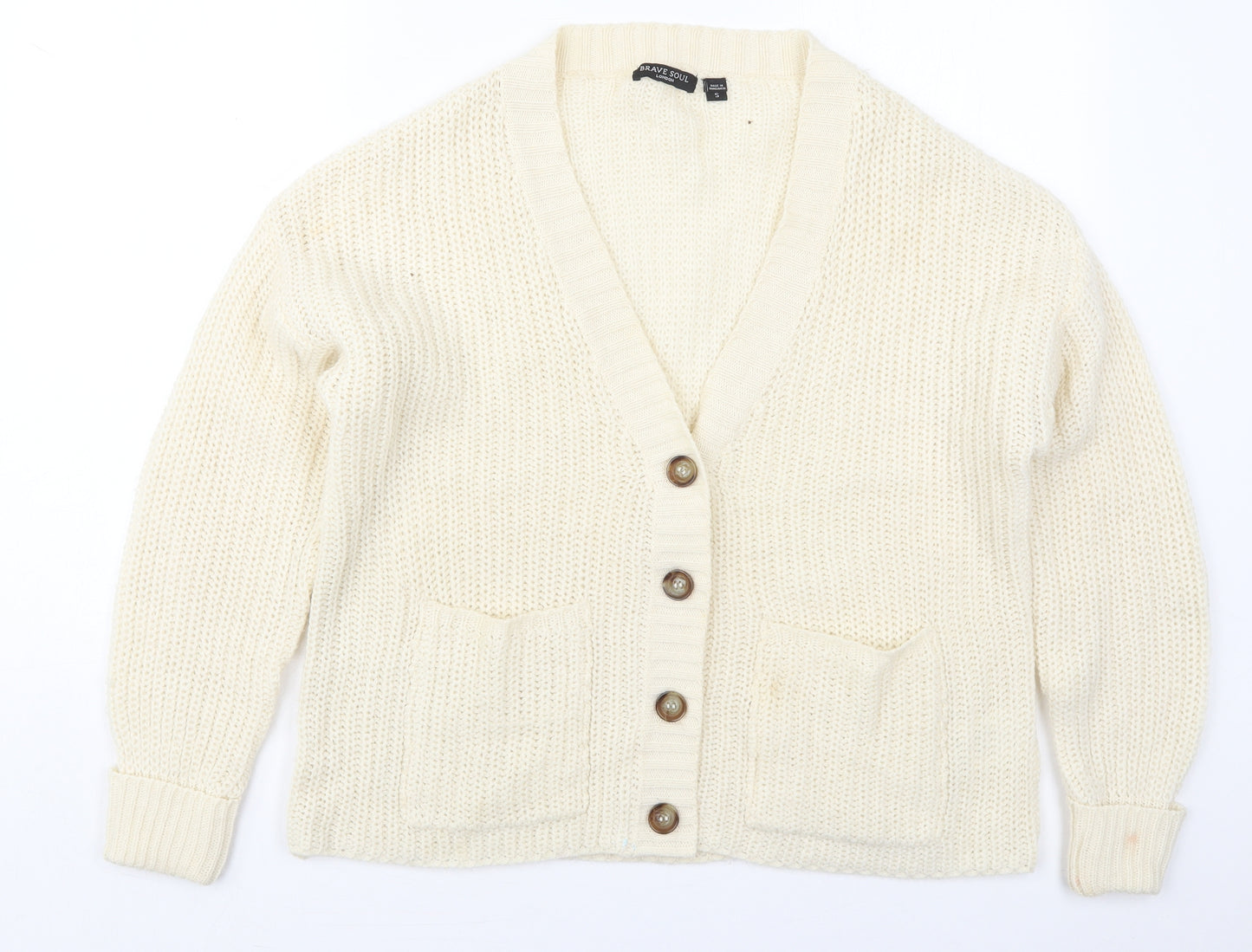 Brave Soul Womens Ivory V-Neck  Acrylic Cardigan Jumper Size S