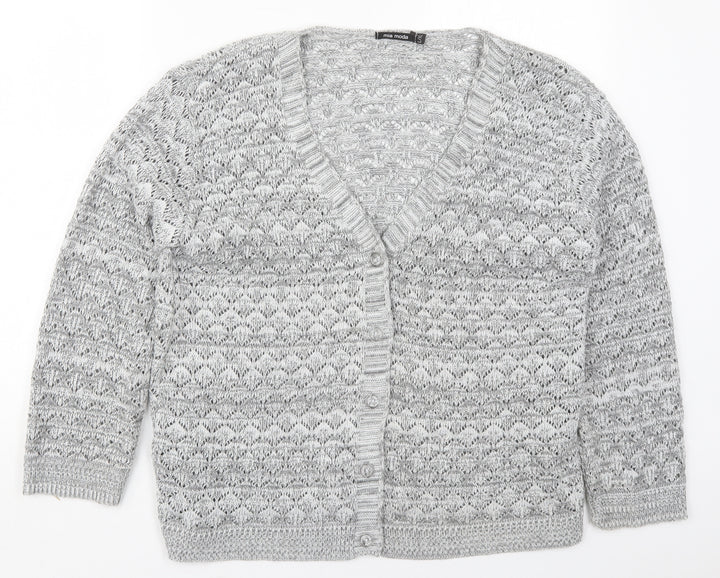 Mia Moda Womens Grey V-Neck Acrylic Cardigan Jumper Size L