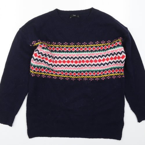 F&F Womens Blue Crew Neck Fair Isle Acrylic Pullover Jumper Size 10