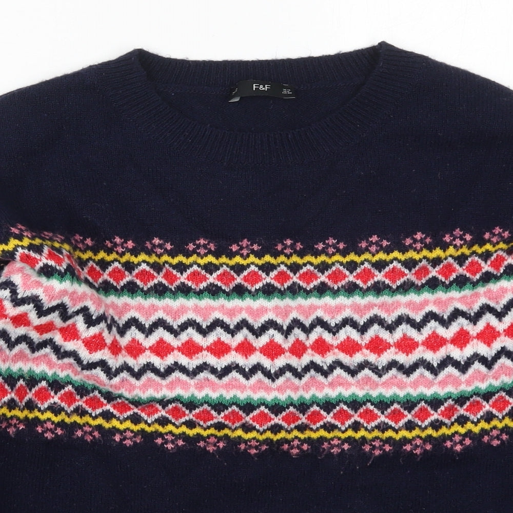 F&F Womens Blue Crew Neck Fair Isle Acrylic Pullover Jumper Size 10