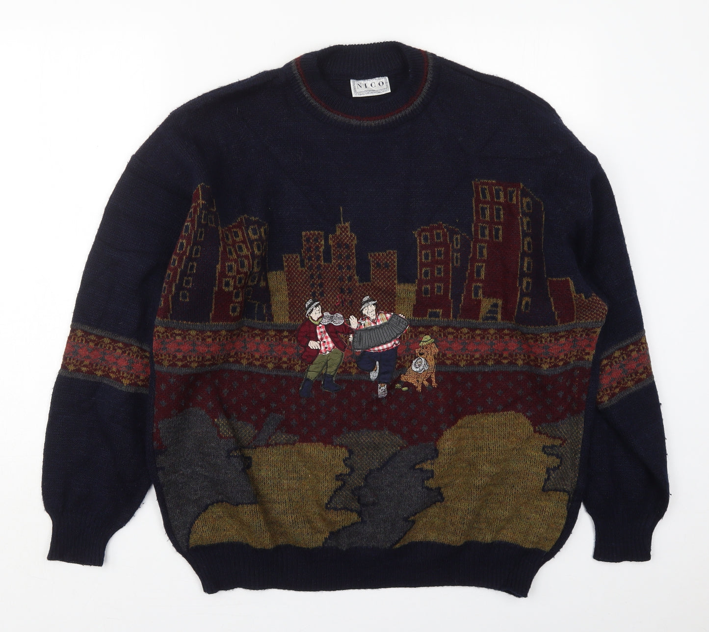 Nico Mens Blue Crew Neck  Acrylic Pullover Jumper Size XL   - Cityscape Music
