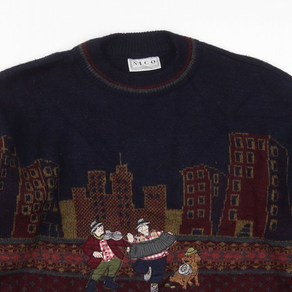 Nico Mens Blue Crew Neck  Acrylic Pullover Jumper Size XL   - Cityscape Music