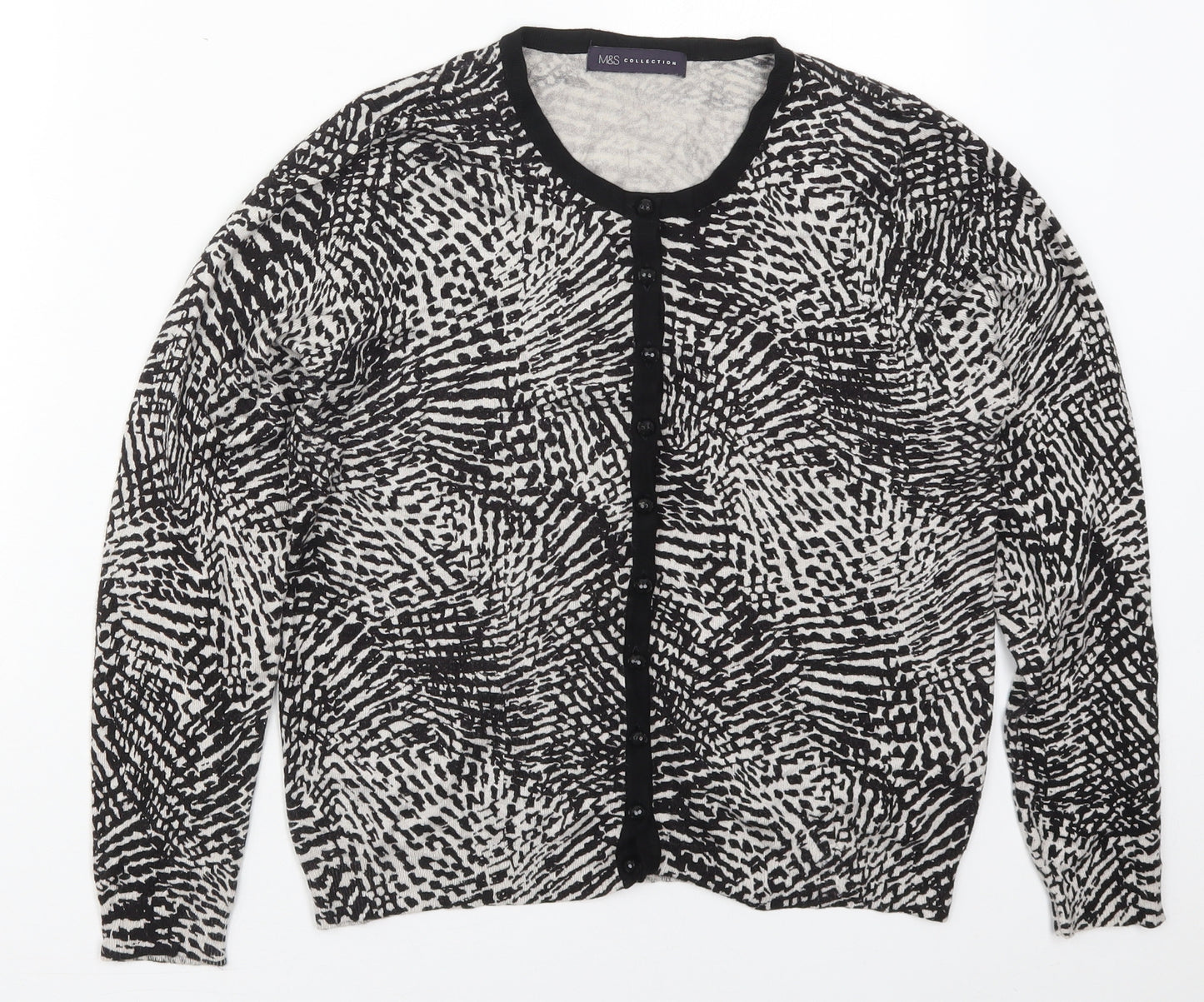 Marks and Spencer Womens Black Crew Neck Animal Print Viscose Cardigan Jumper Size 14