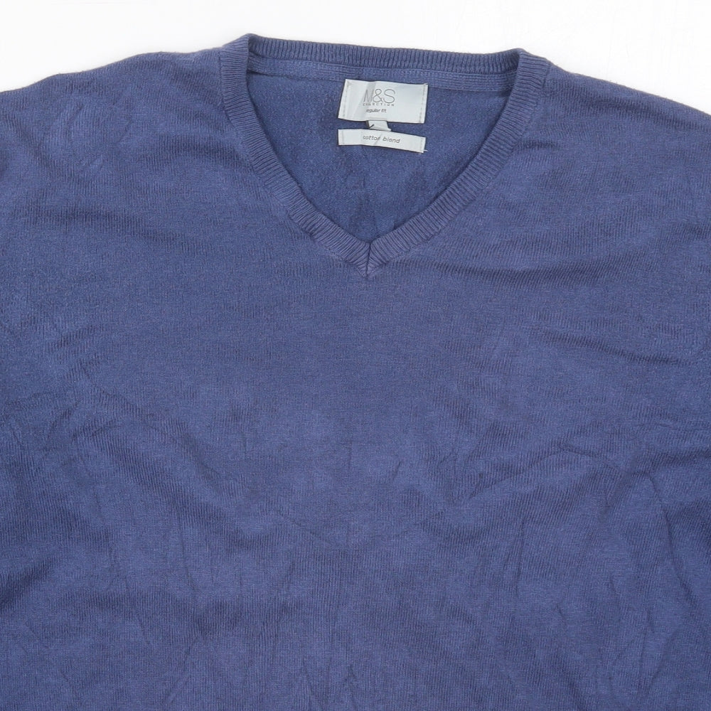 Marks and Spencer Mens Blue V-Neck  Cotton Pullover Jumper Size XL