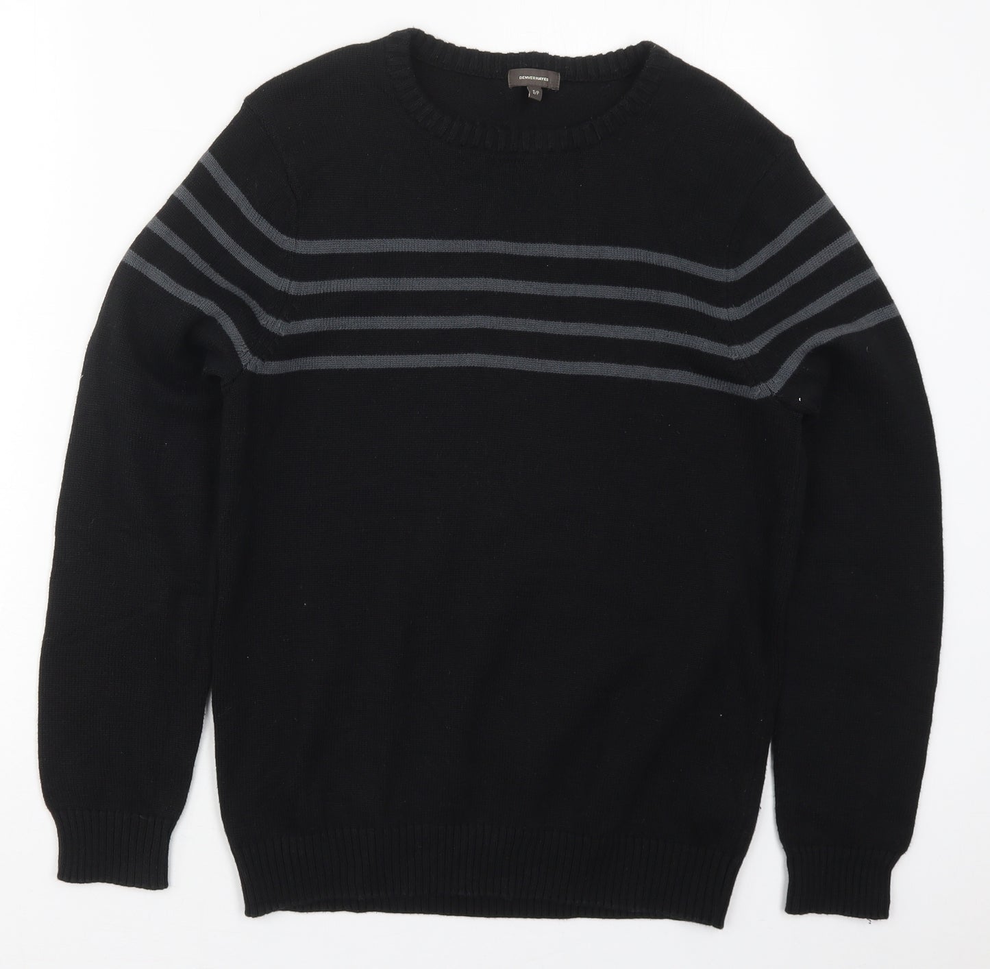 Denver Hayes Mens Black Crew Neck Striped Acrylic Pullover Jumper Size S