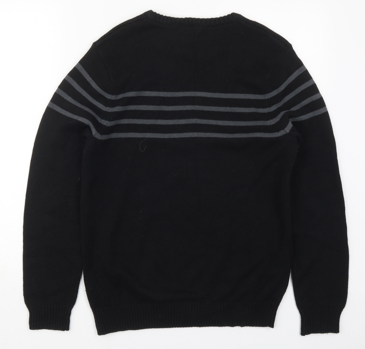 Denver Hayes Mens Black Crew Neck Striped Acrylic Pullover Jumper Size S