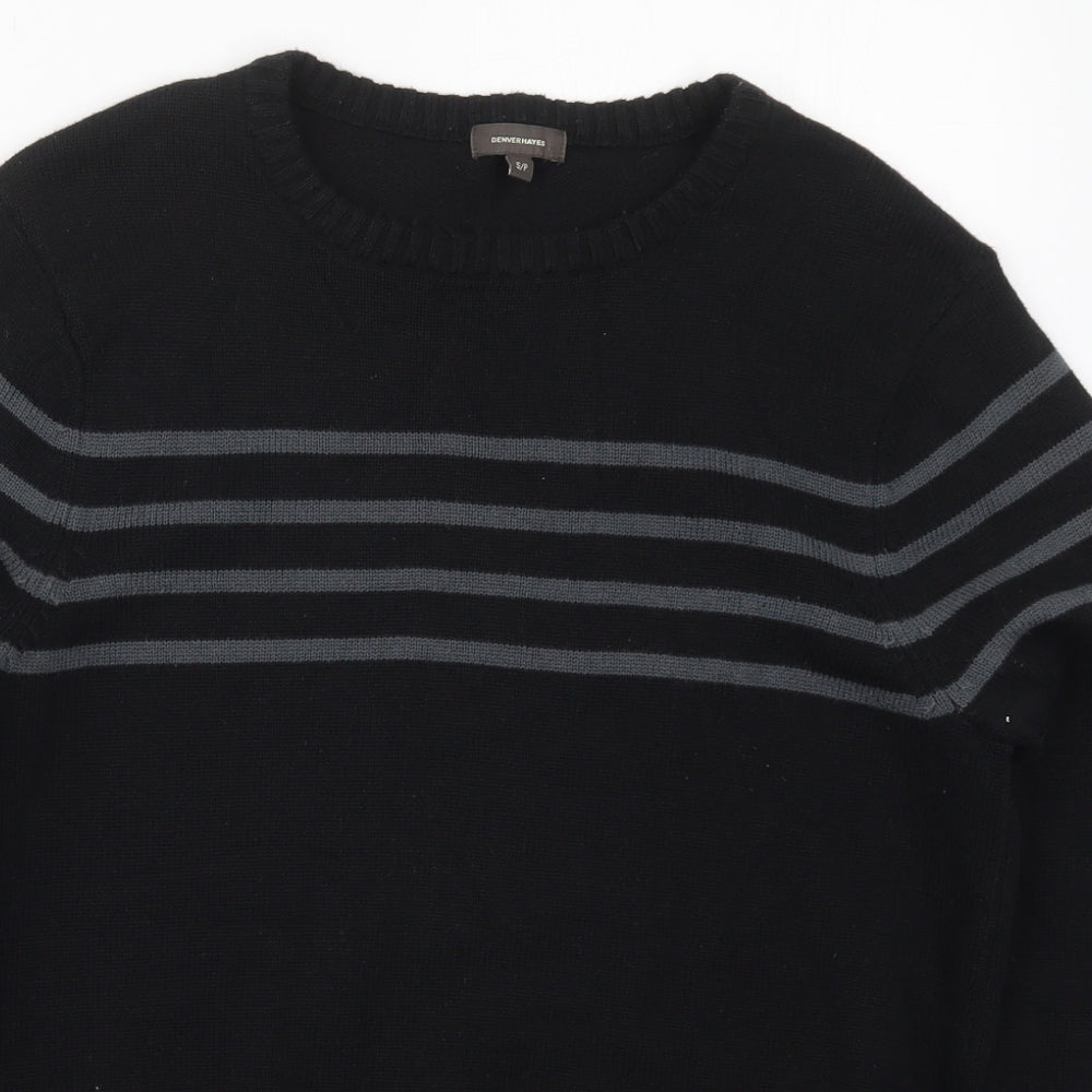 Denver Hayes Mens Black Crew Neck Striped Acrylic Pullover Jumper Size S