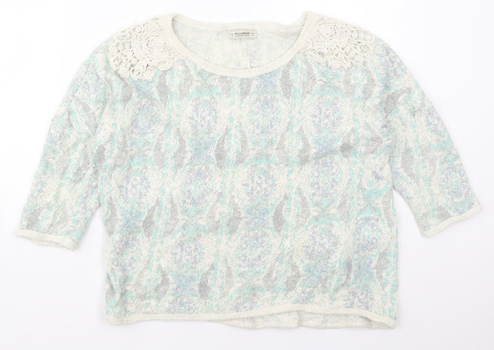 Pull & Bear Womens Green Round Neck Geometric Cotton Pullover Jumper Size M