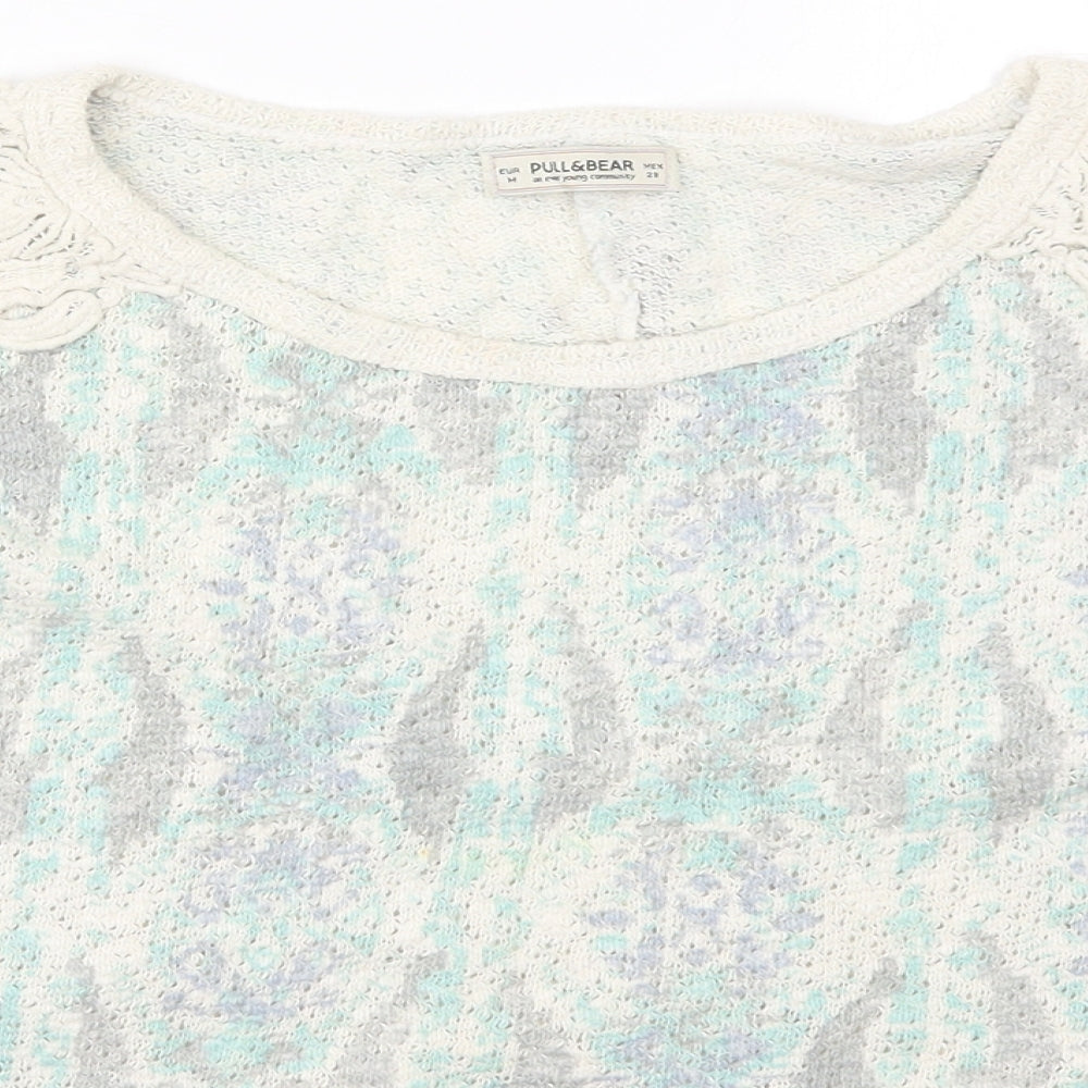 Pull & Bear Womens Green Round Neck Geometric Cotton Pullover Jumper Size M