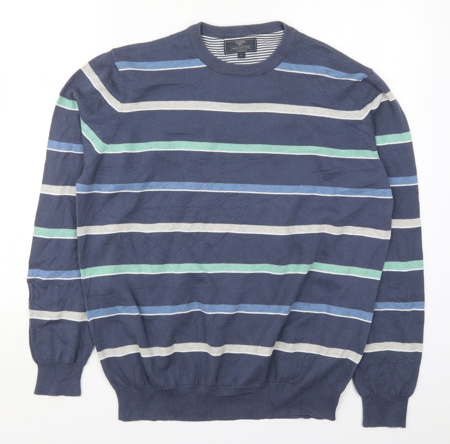Atlantic Bay Mens Blue Crew Neck Striped Cotton Pullover Jumper Size L