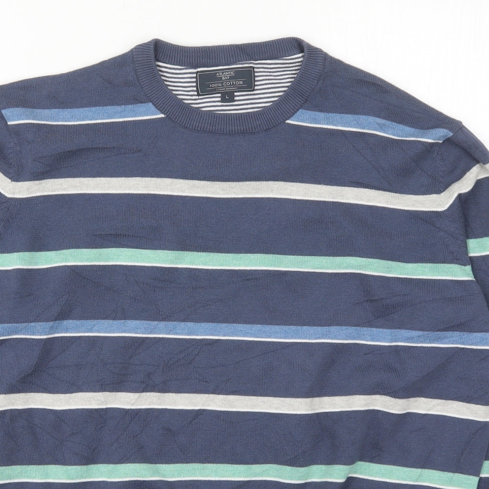Atlantic Bay Mens Blue Crew Neck Striped Cotton Pullover Jumper Size L