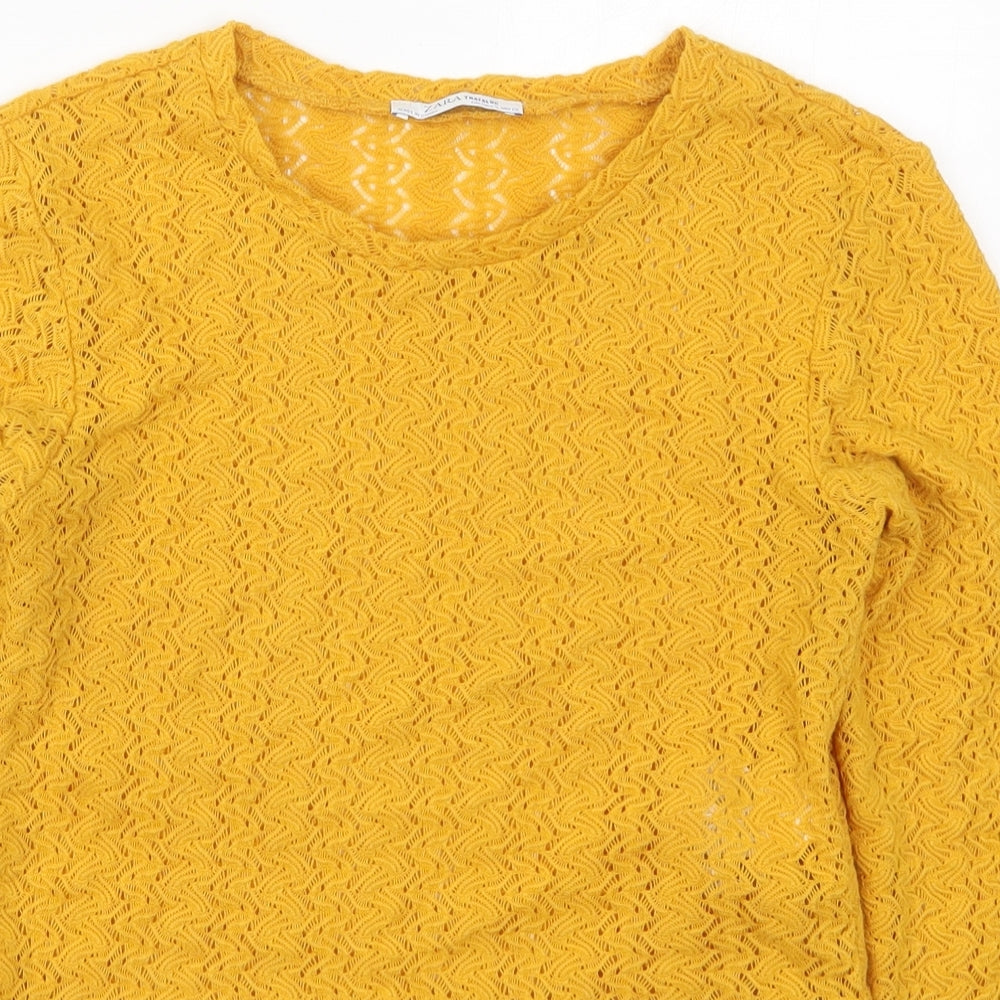 Zara Womens Yellow  Polyester Basic T-Shirt Size S Crew Neck