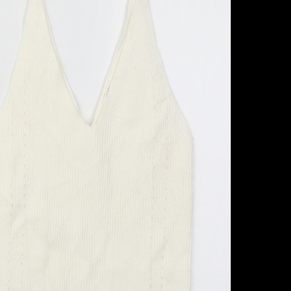 Oshyo Womens White  Viscose Basic Tank Size M V-Neck