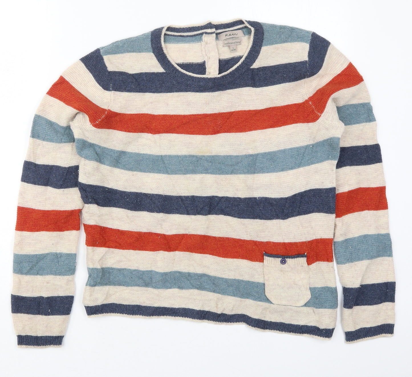 KEW Womens Beige Crew Neck Striped Wool Pullover Jumper Size 14