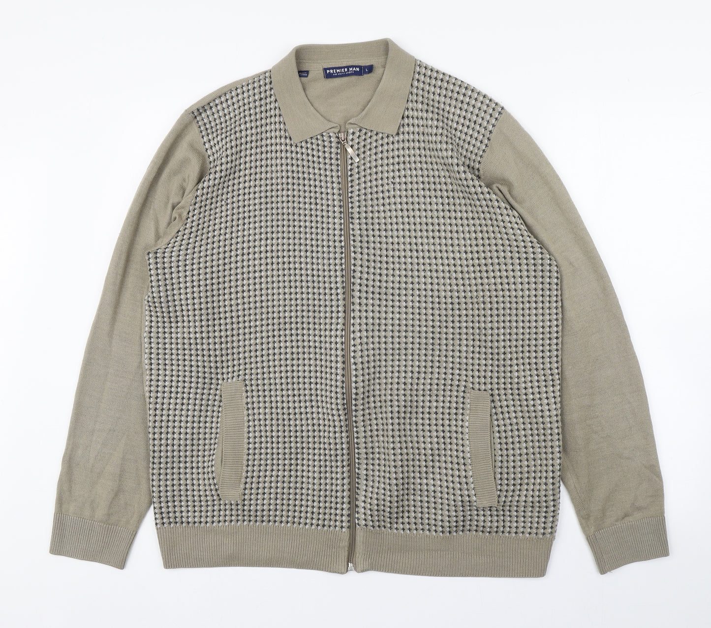 Premier Man Mens Green Collared Polka Dot Acrylic Cardigan Jumper Size L