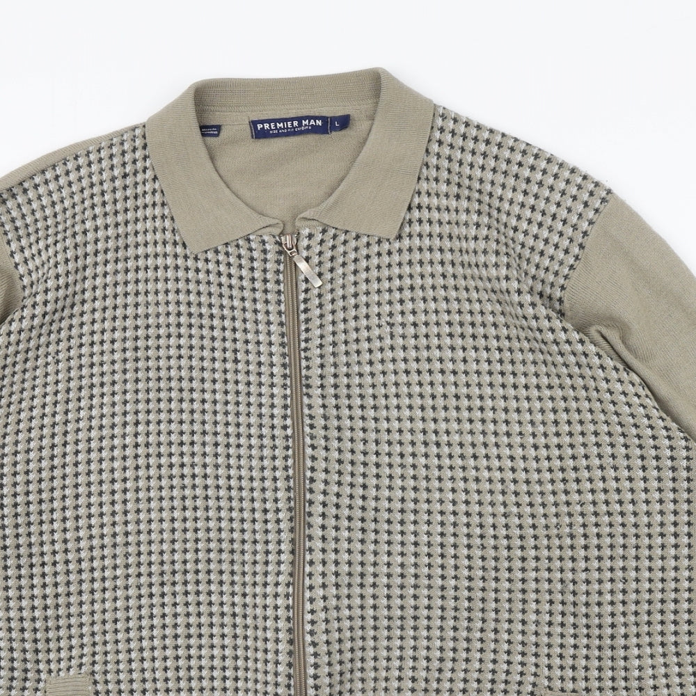 Premier Man Mens Green Collared Polka Dot Acrylic Cardigan Jumper Size L