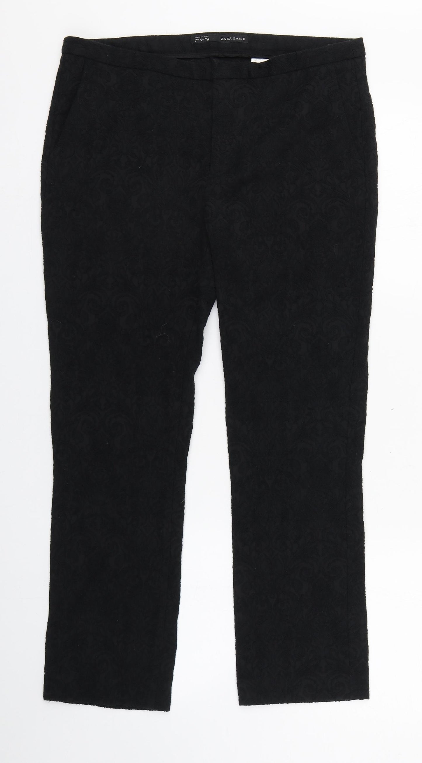 Zara Womens Black Floral Cotton Capri Trousers Size L L25 in Slim Zip
