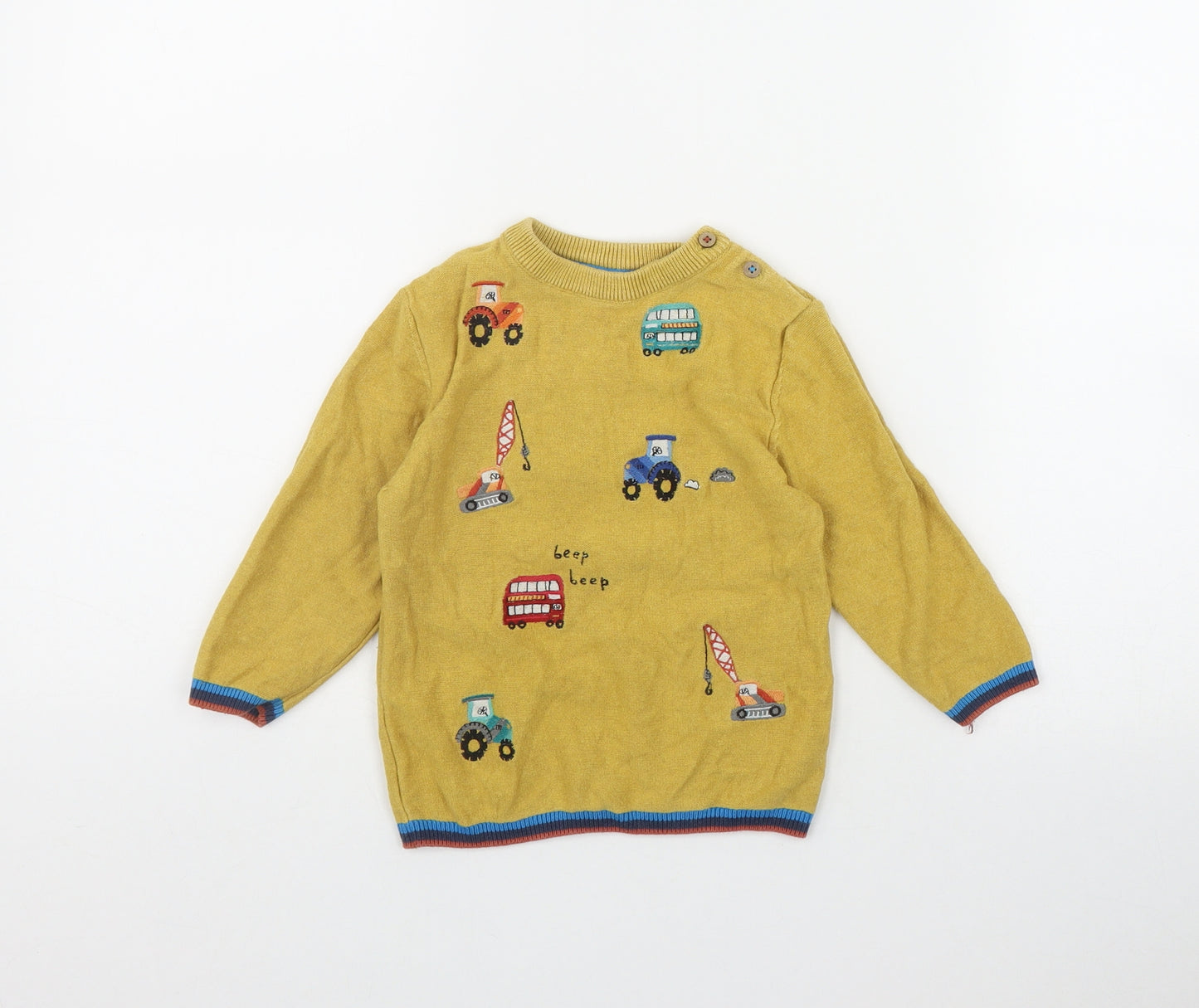 NEXT Boys Yellow  Cotton Pullover Jumper Size 18-24 Months  Button - Embroidered Vehicles