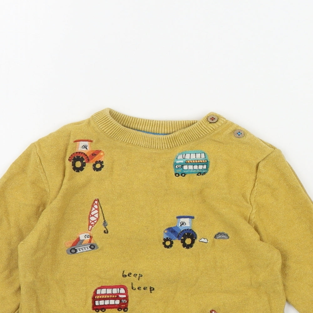 NEXT Boys Yellow  Cotton Pullover Jumper Size 18-24 Months  Button - Embroidered Vehicles