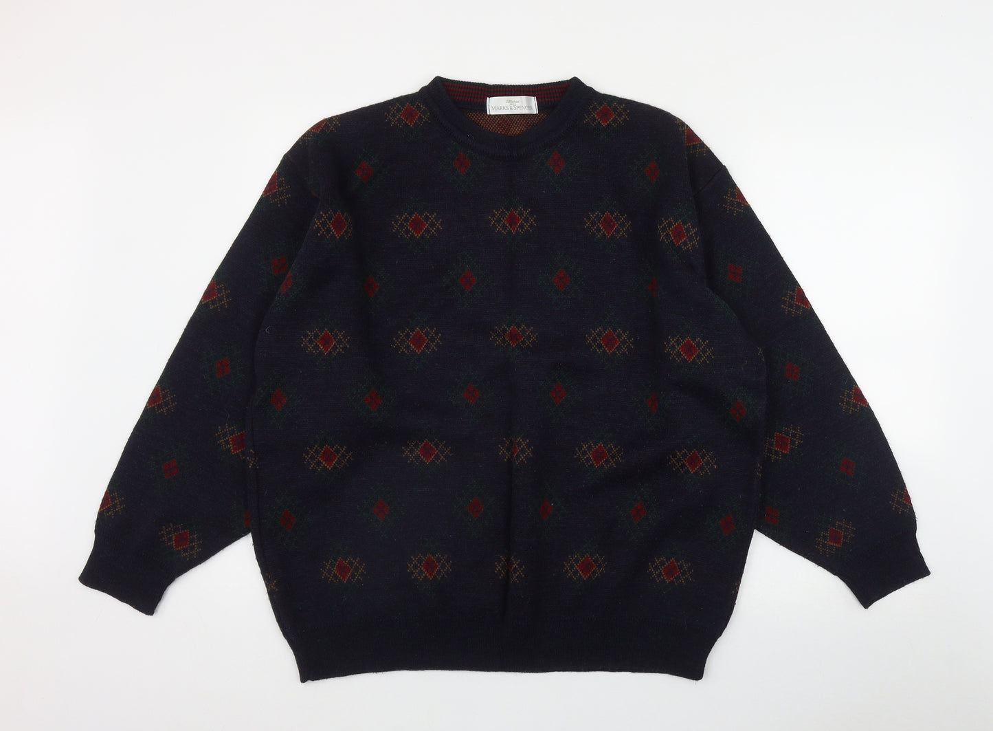 Marks and Spencer Mens Blue Round Neck Geometric Acrylic Pullover Jumper Size XL