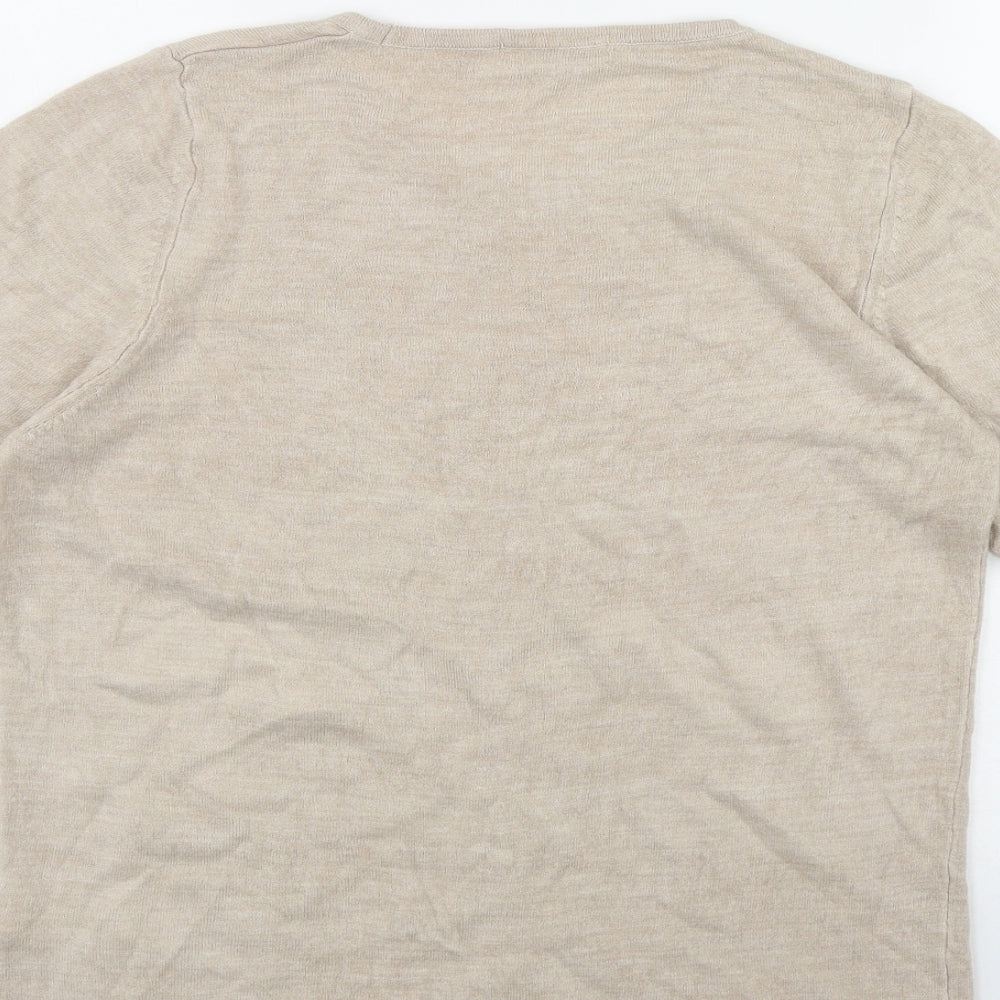Classic Womens Beige Round Neck  Acrylic Pullover Jumper Size 16