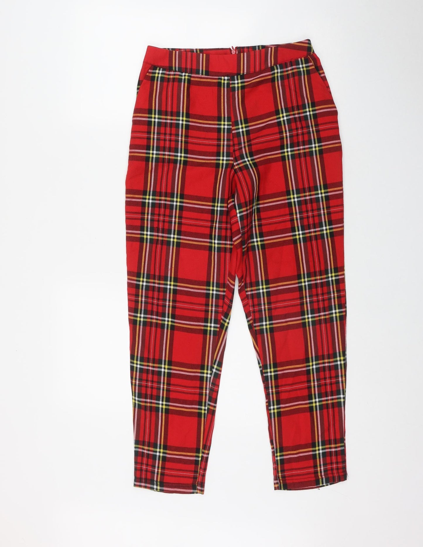 Boohoo Womens Red Plaid Polyester Trousers  Size 8 L26 in Regular Zip