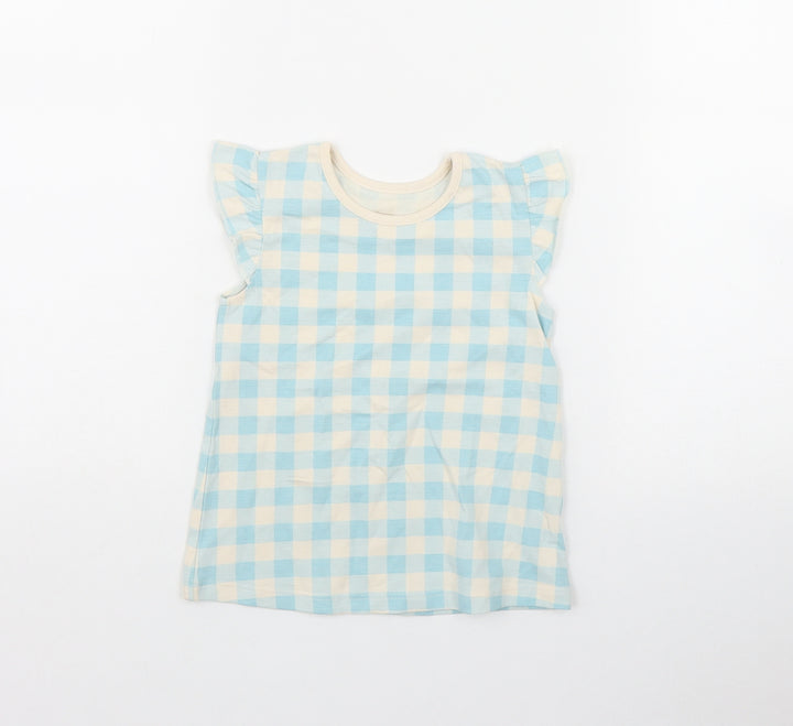 Georgwe Girls Blue Gingham Cotton Basic T-Shirt Size 12-18 Months Round Neck Pullover
