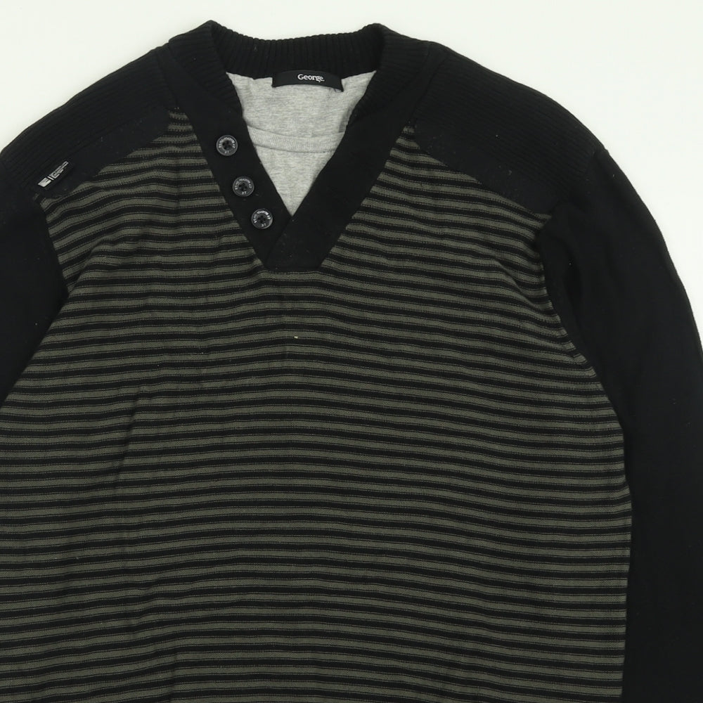 George Mens Black Crew Neck Striped Cotton Pullover Jumper Size S