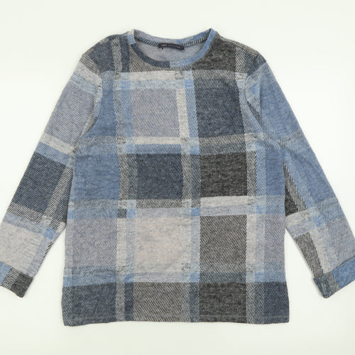 Marks and Spencer Womens Blue Crew Neck Check Polyester Pullover Jumper Size 10