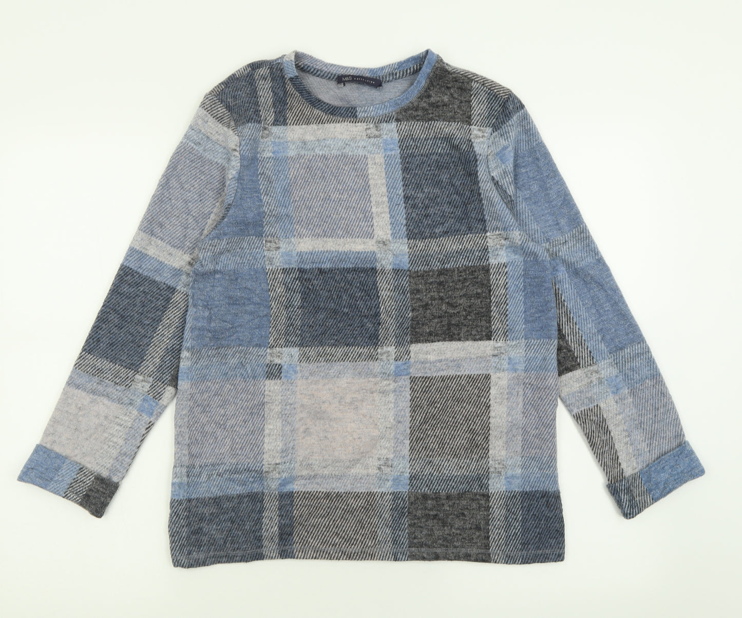 Marks and Spencer Womens Blue Crew Neck Check Polyester Pullover Jumper Size 10