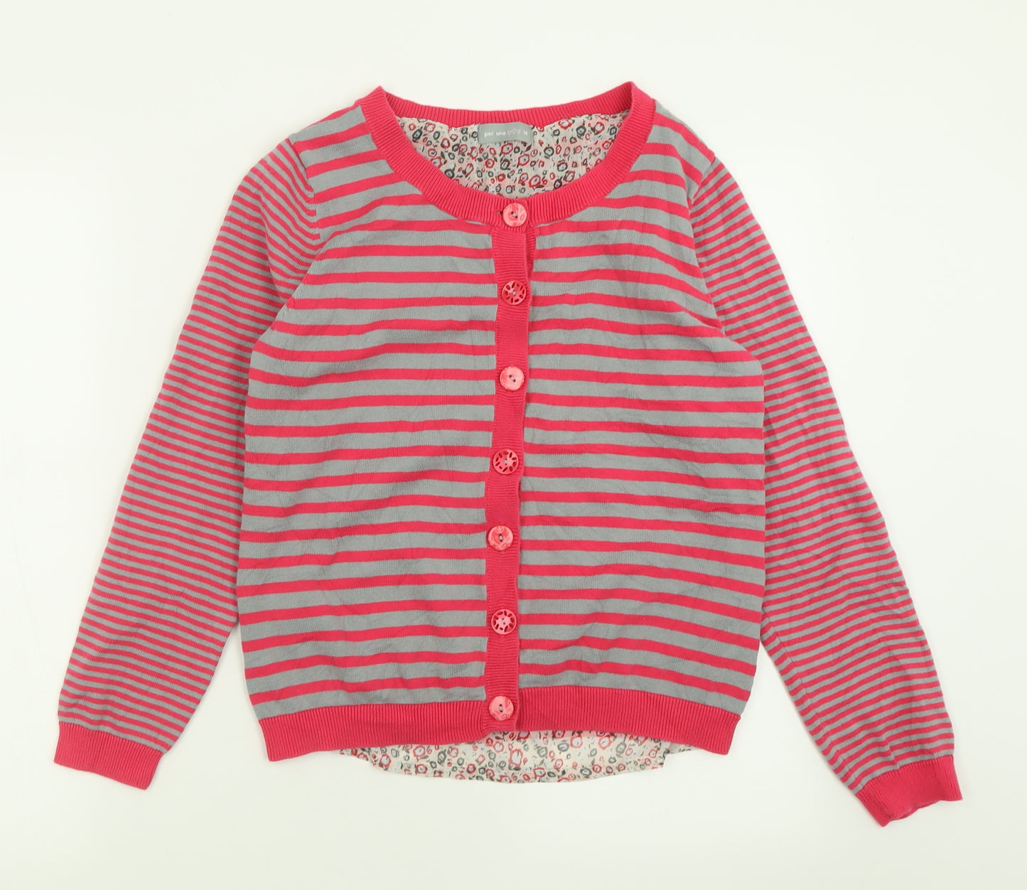 Per Una Womens Pink Crew Neck Striped Cotton Cardigan Jumper Size 14