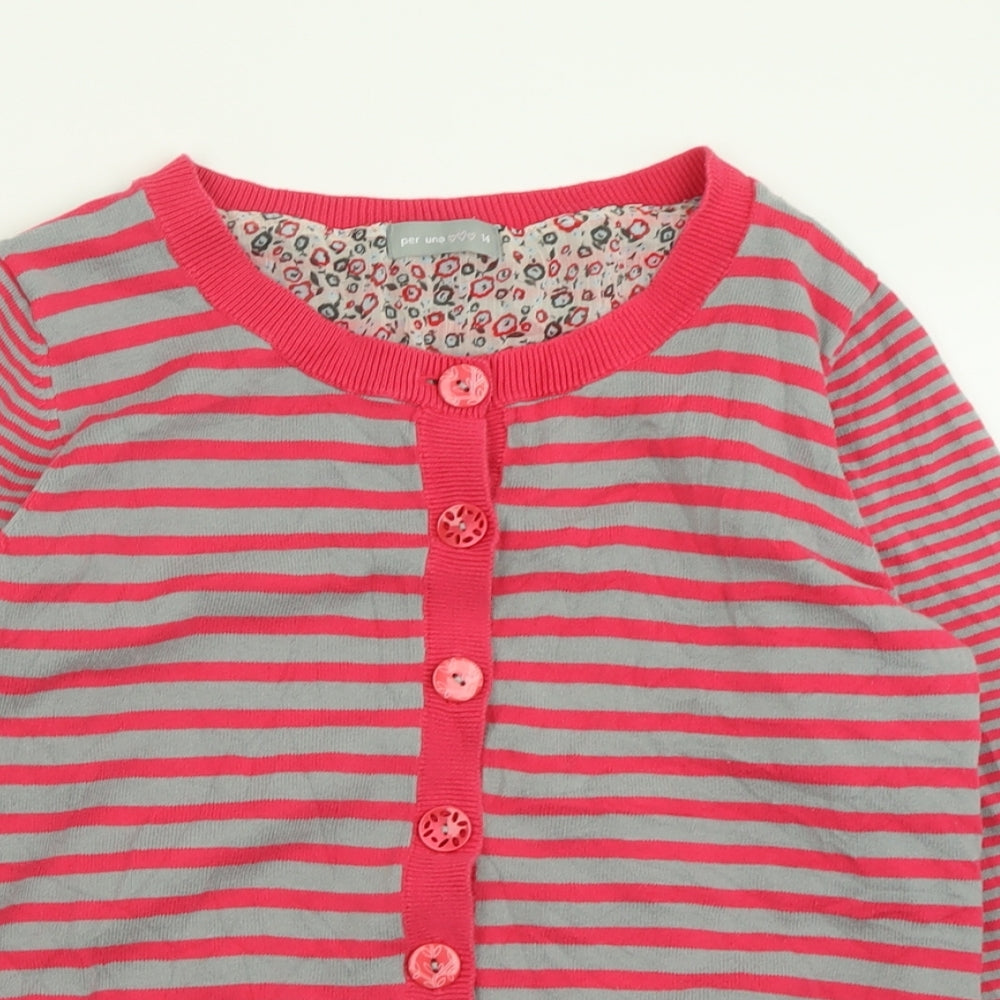 Per Una Womens Pink Crew Neck Striped Cotton Cardigan Jumper Size 14