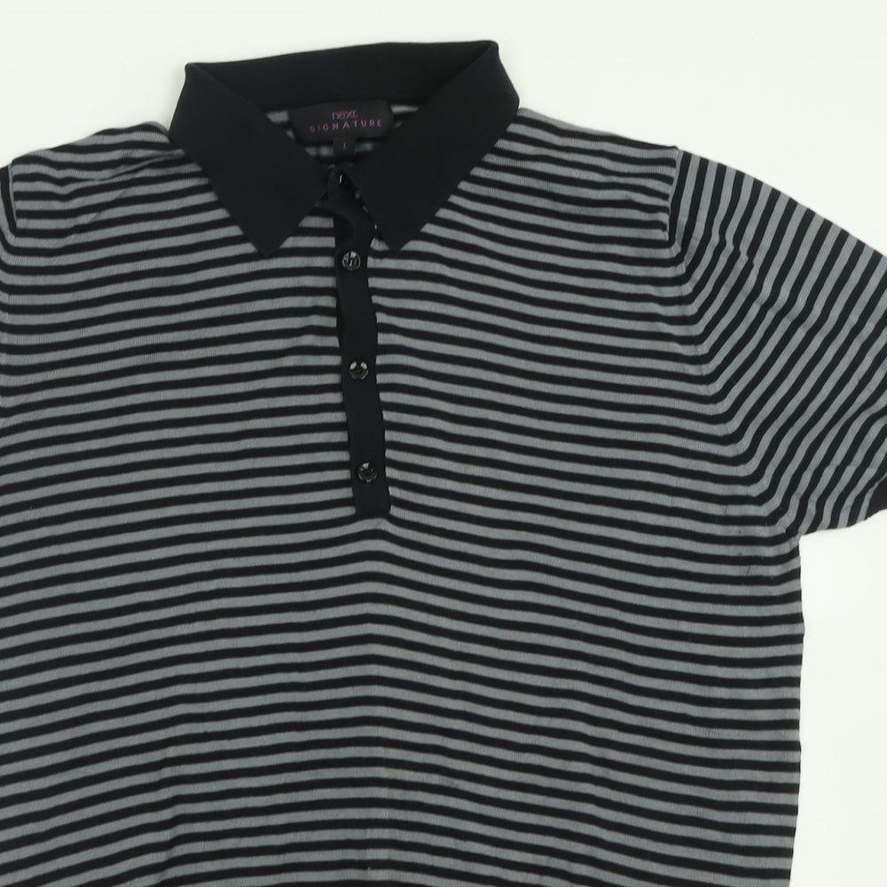NEXT Mens Grey Striped Silk  Polo Size L Collared Button
