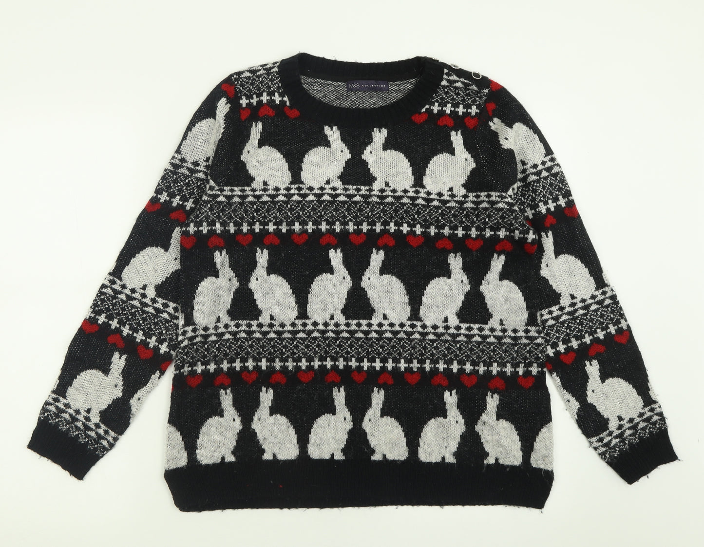 Marks and Spencer Womens Black Crew Neck Geometric Acrylic Pullover Jumper Size 12