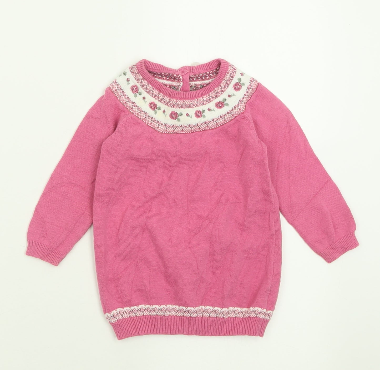 Matalan Girls Pink Geometric Cotton Pullover Jumper Size 9-12 Months  Button