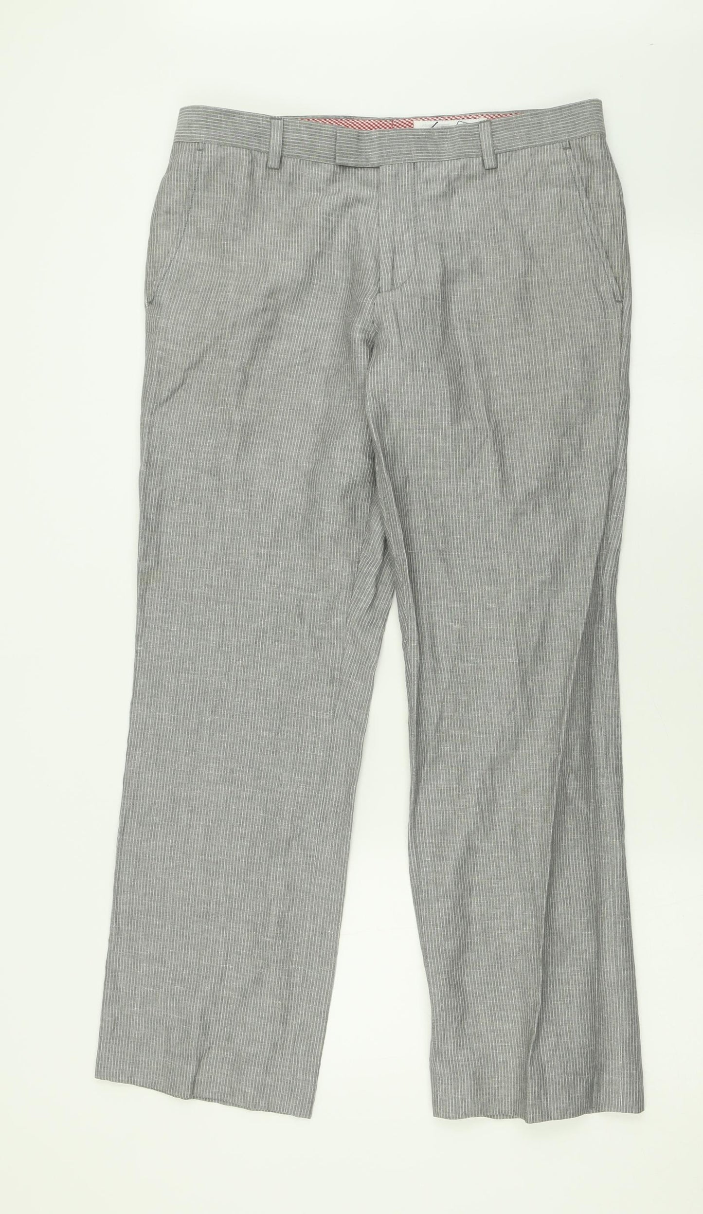 River Island Mens Grey Striped Linen Trousers  Size 32 L30 in Regular Hook & Eye